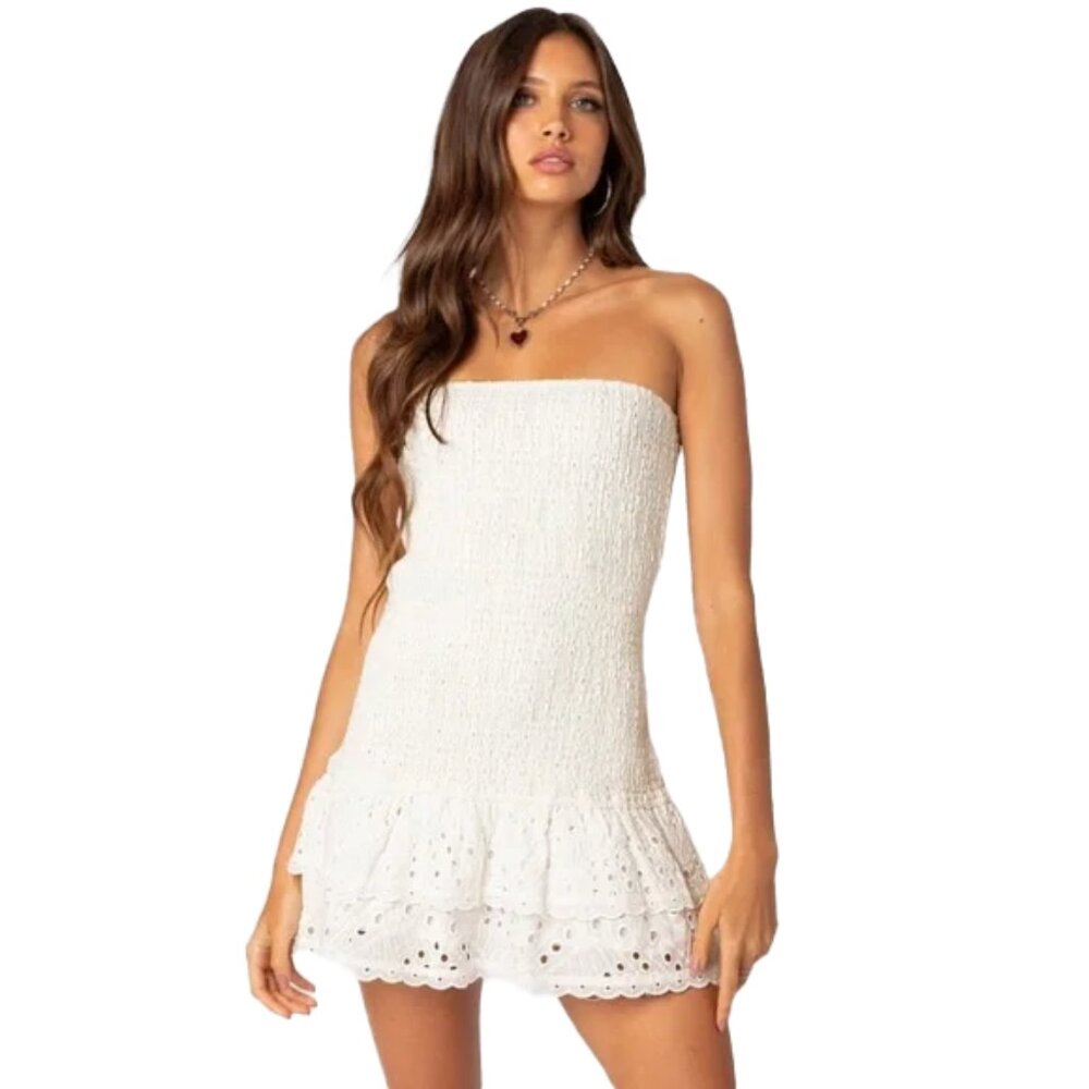 EDIKTED Livia Lacey Cotton Scrunch Mini Dress size XS